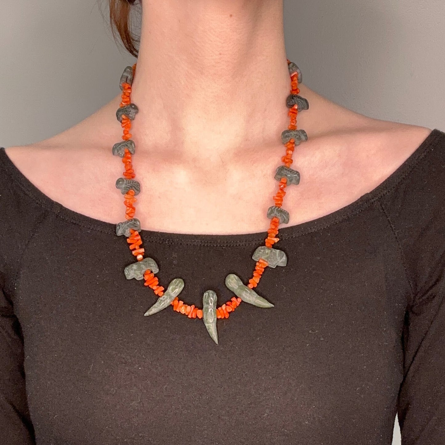 Santo Domingo Sterling Silver Coral Nephrite Jade Necklace N2034