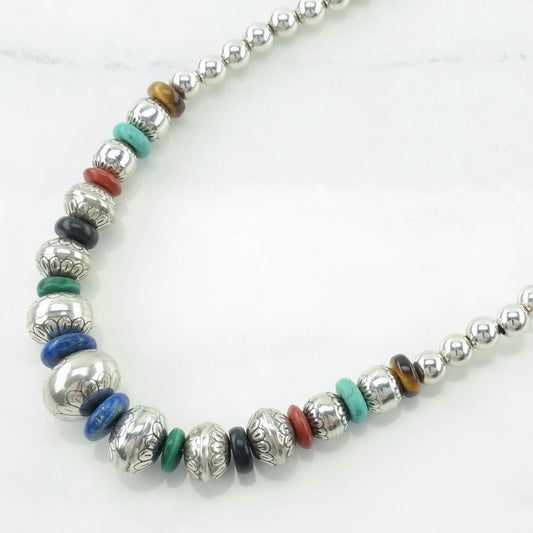 Vintage Carolyn Pollack Sterling Silver Malachite, Jet, Coral, Lapis Lazuli, Turquoise, Tiger's Eye Beaded Necklace