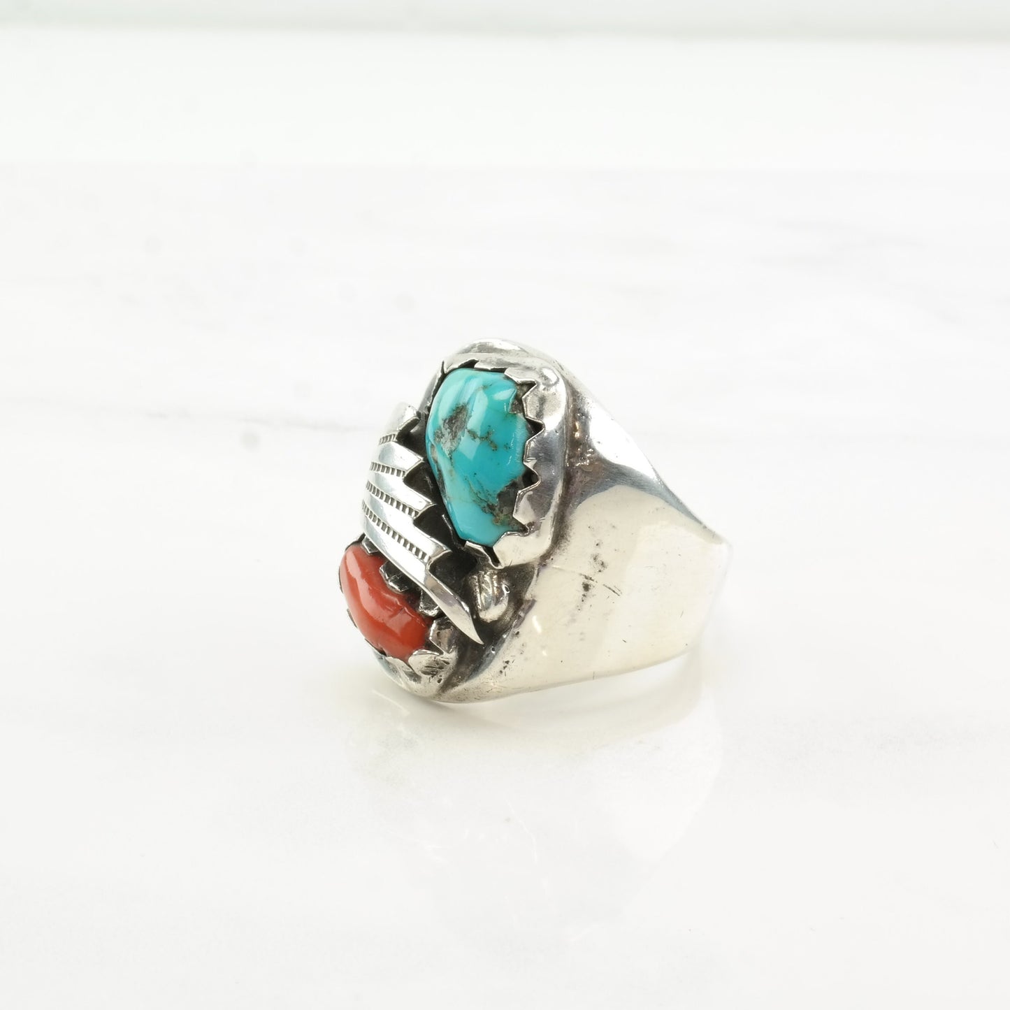 Native American Silver Ring Turquoise Coral Feather Sterling Size 12