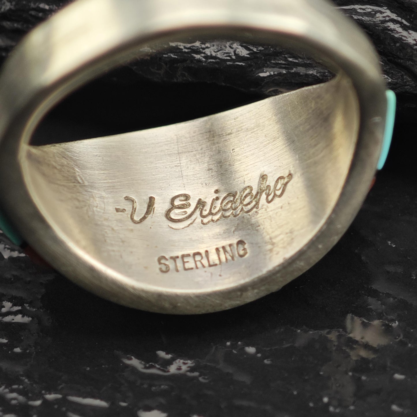 Vintage Zuni Multistone Inlay Band Sterling Silver Ring Sz 7 1/2 R6664