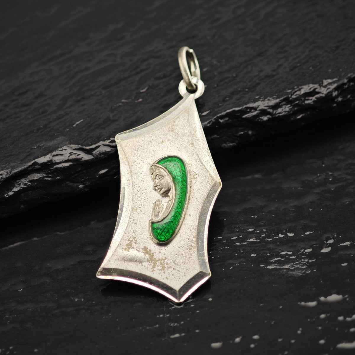 Italian Virgin Mary Green Enamel 800Silver Pendant P3121