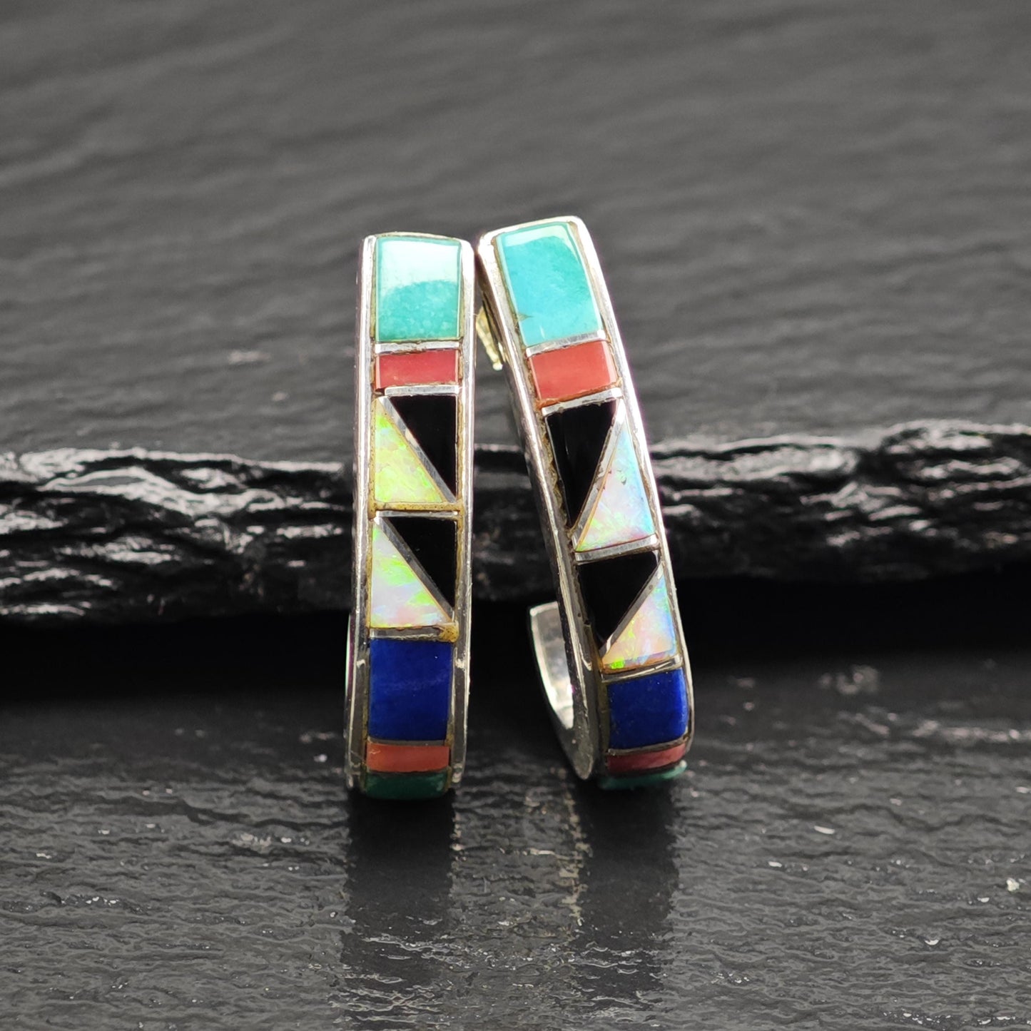 Turquoise, Coral, Lab Opal, Jet, Lapis Inlay Sterling Silver Earrings ER3115