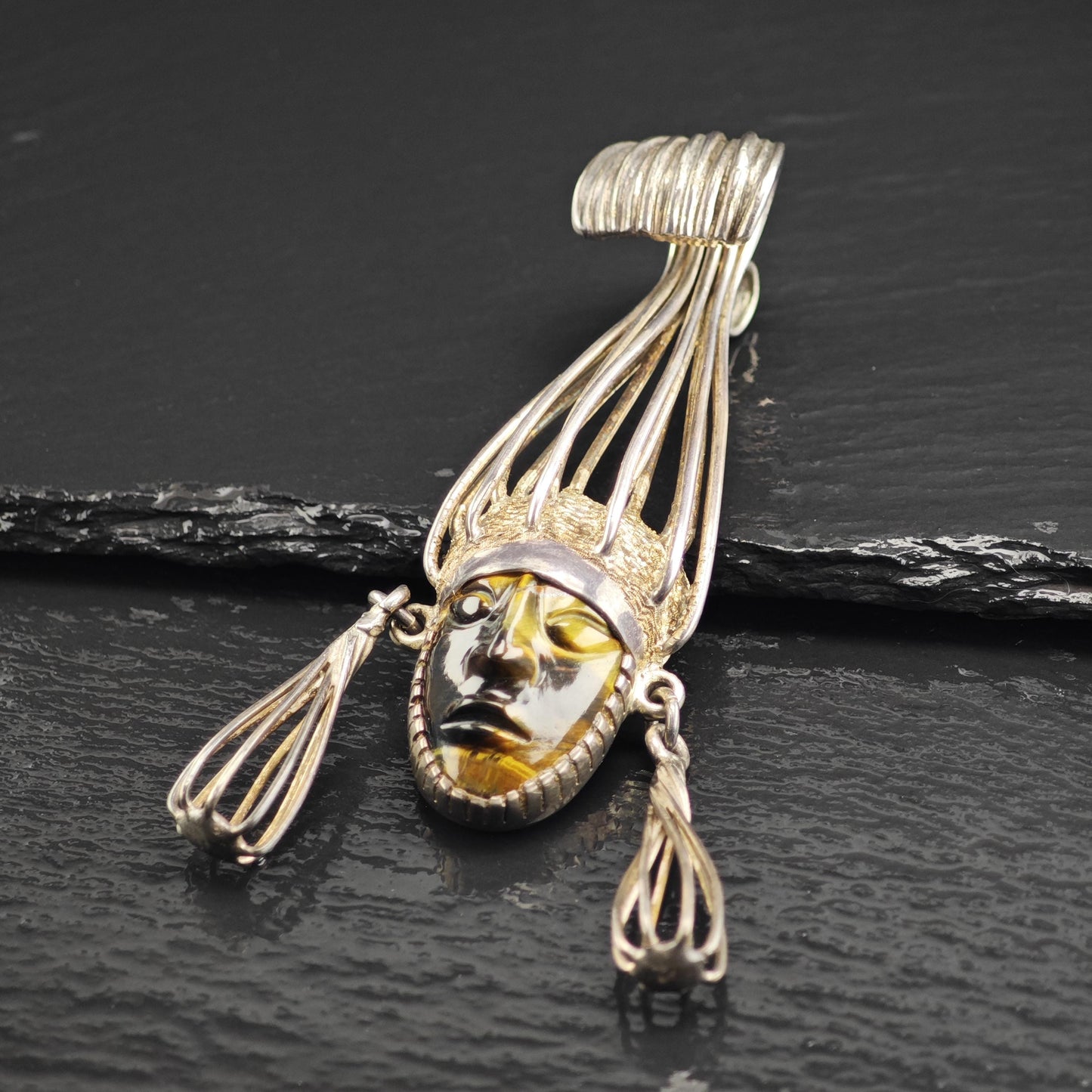 Taxco carved Tiger's Eye Aztec Warrior Pendant, Sterling Silver