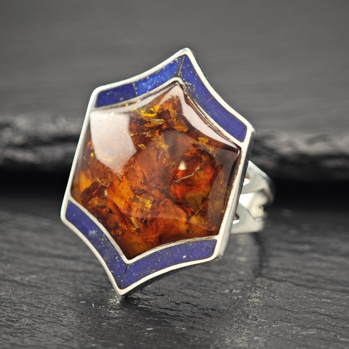 Amber and Lapis Ring Sterling Silver Size 9 R5957