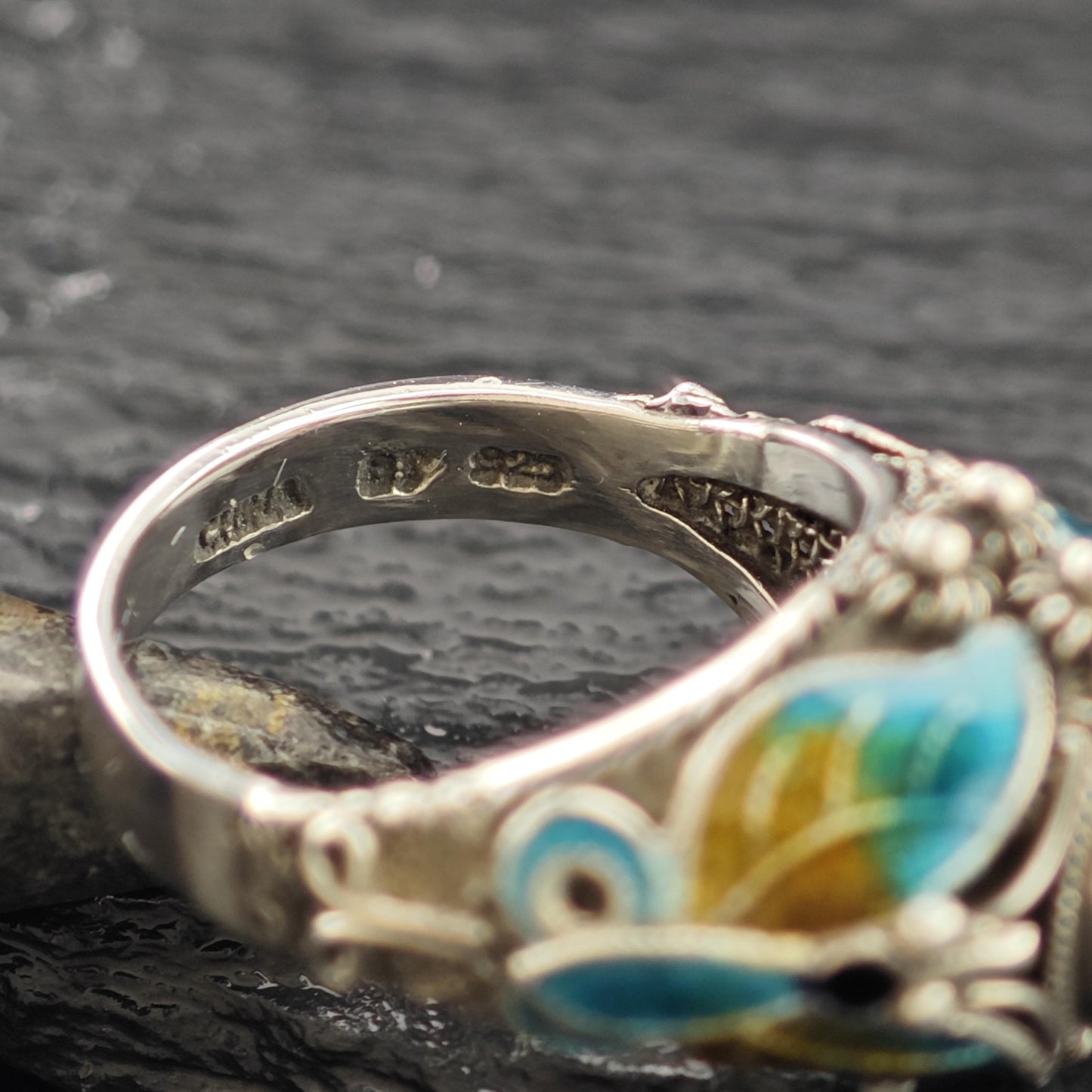 Chinese Export Enamel Butterfly Ring Sterling Silver Size 6