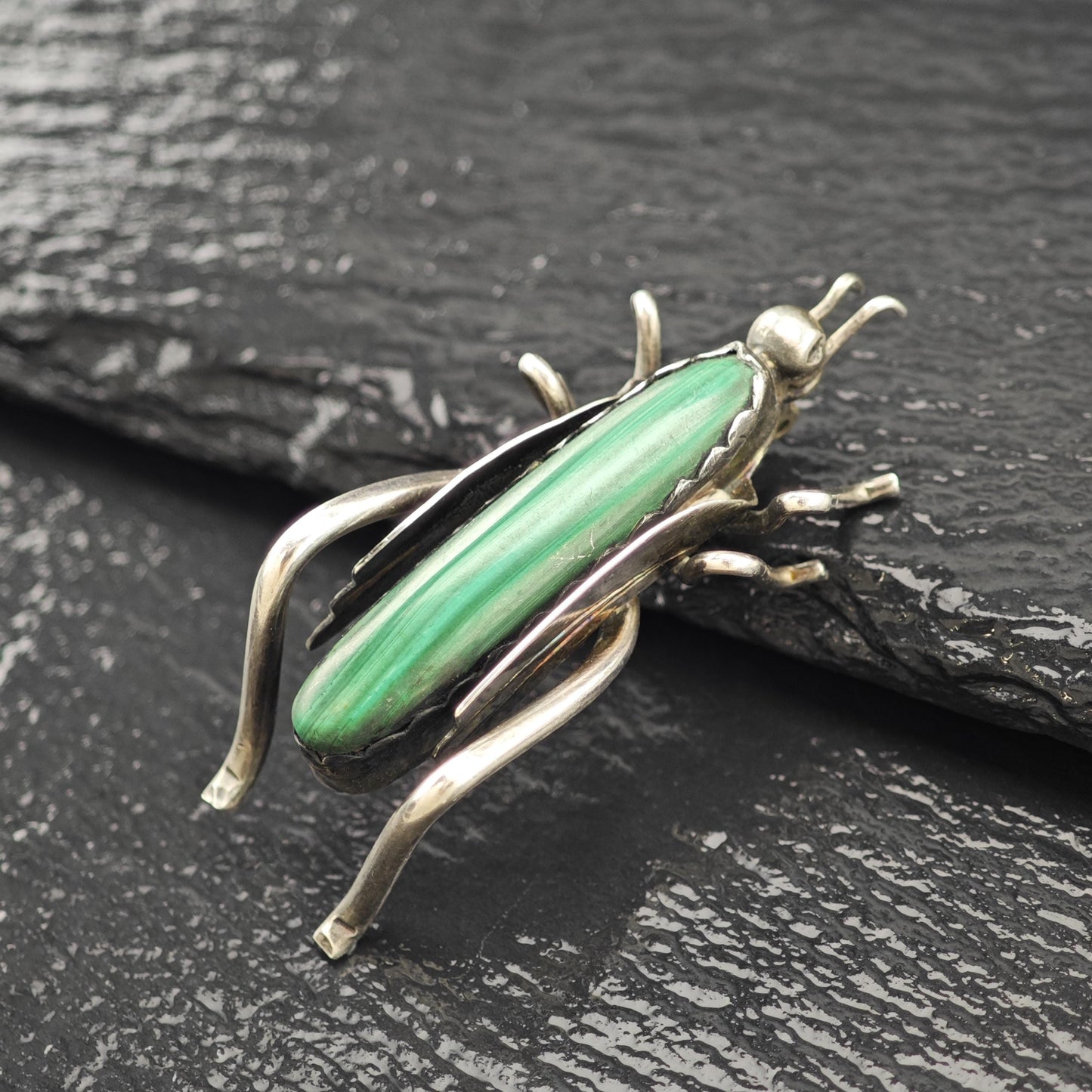 Native American Sterling Silver Brooch Grasshopper Green Malachite
