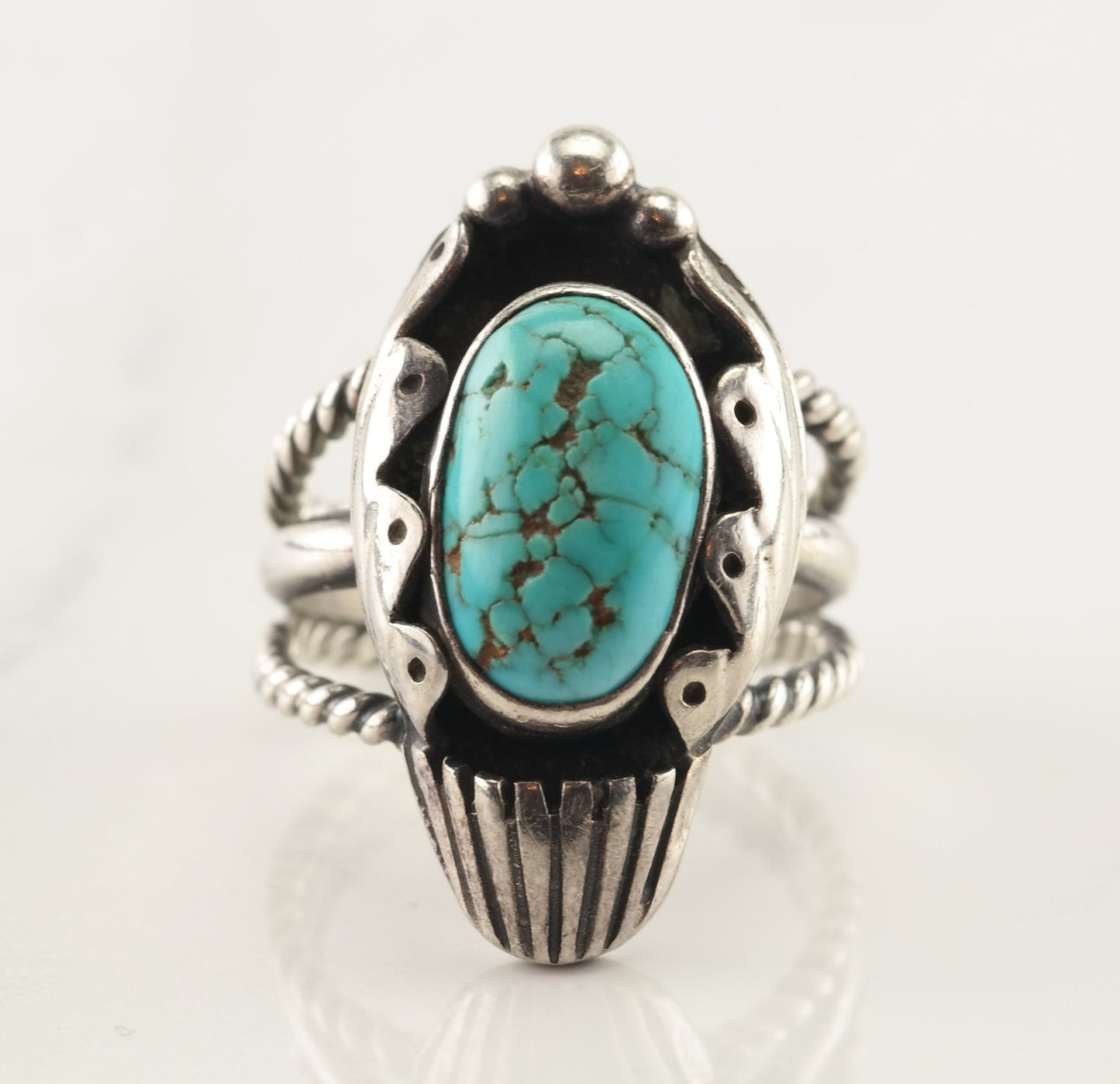 Native American Silver Ring Spiderweb Turquoise Shadowbox Sterling Size 7 1/2