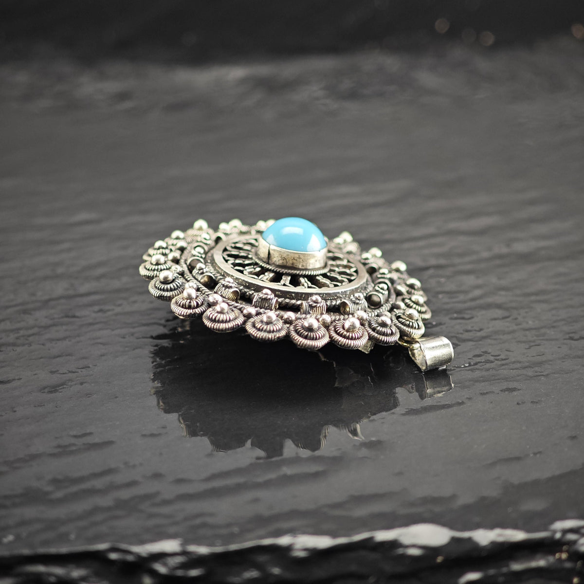 Block Turquoise Cabochon Sterling Silver Brooch/Pendant B2277