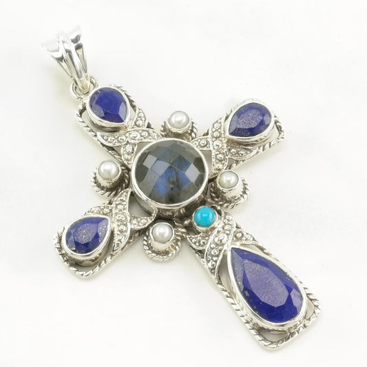 Vintage Nicky Butler Labradorite, Lapis Lazuli Turquoise, Pearl Sterling Silver Pendant