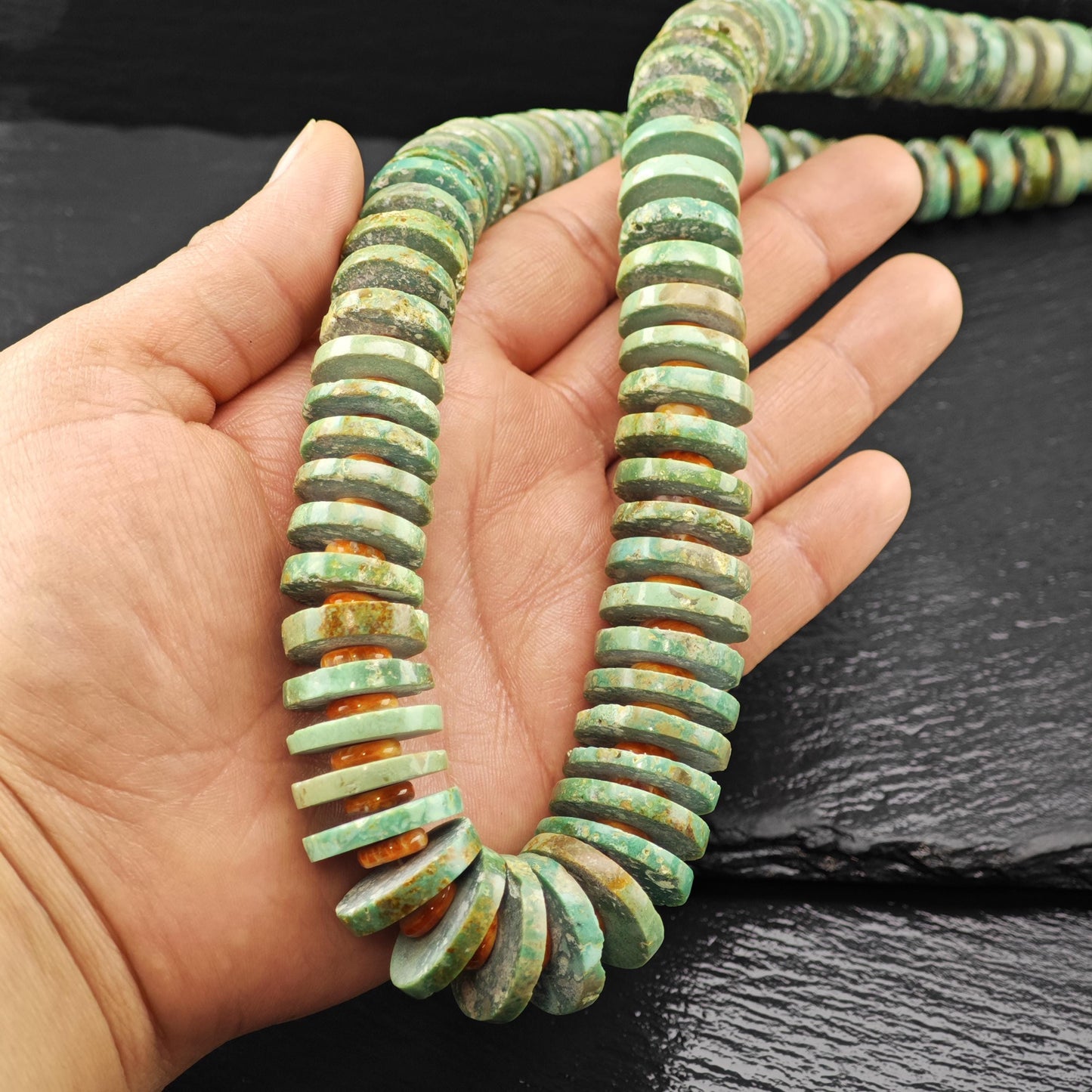 Heishi Necklace Turquoise and Spiny Oyster Beads Sterling Silver Graduated 7-21mm N2666