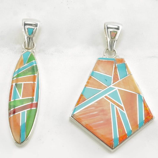 Vintage Southwest Multi Gemstone Inlay, Spiny Oyster Sterling Silver Pendant
