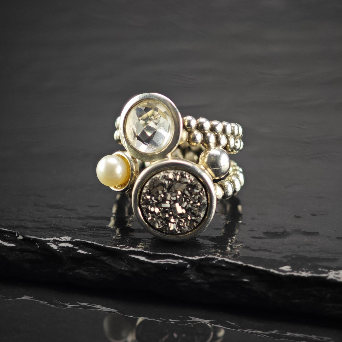 Vintage Michael Dawkins Druzy CZ Pearl Sterling Silver Ring Sz 6 R6815