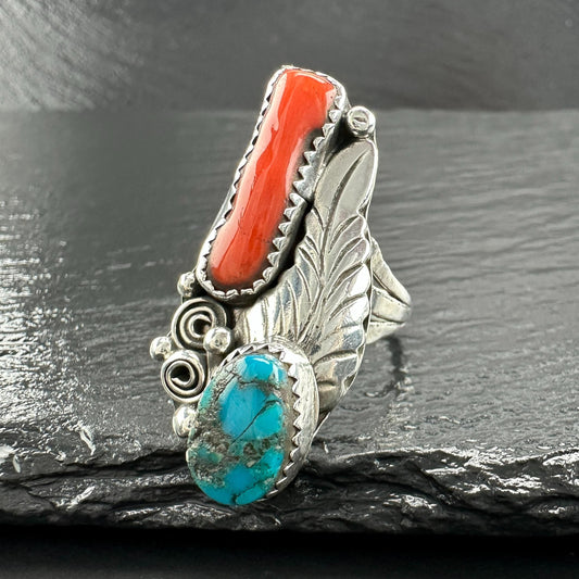 Vintage Turquoise, Coral Floral Ring Sterling Silver