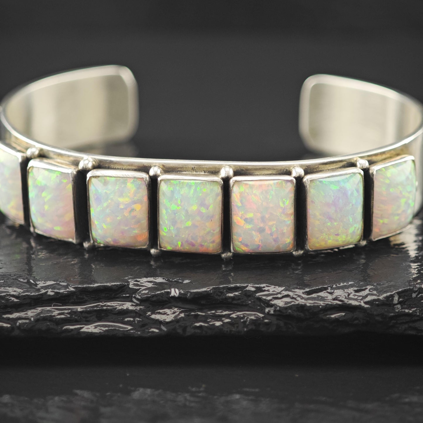 Navajo, Leonard James Lab Opal Cuff Bracelet Sterling Silver