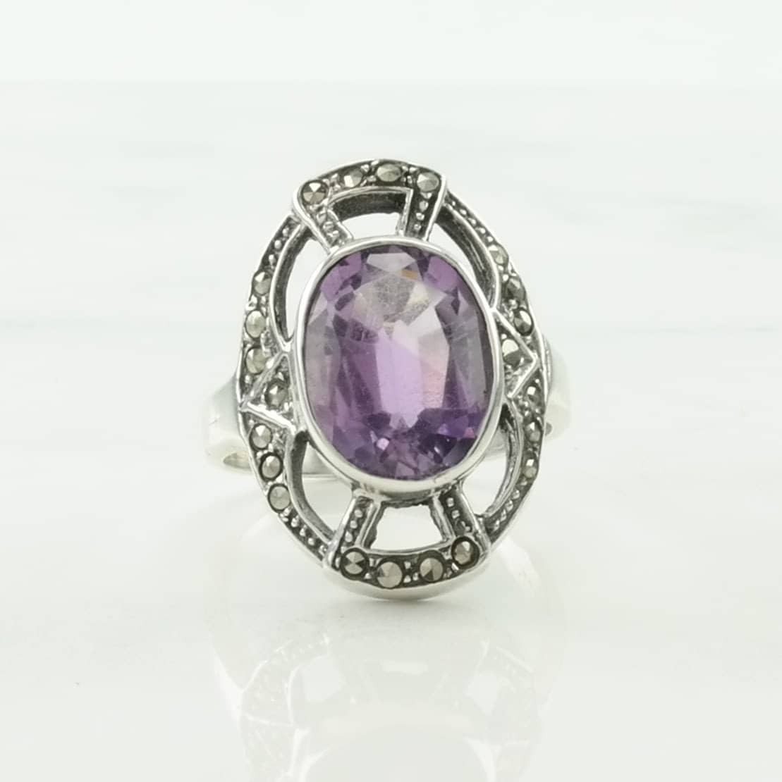 Sterling Silver Ring Amethyst, Marcasite Art Deco Style Purple Size 6 1/2