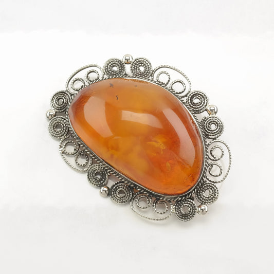 Boho Sterling Silver Brooch Filigree Baltic Amber