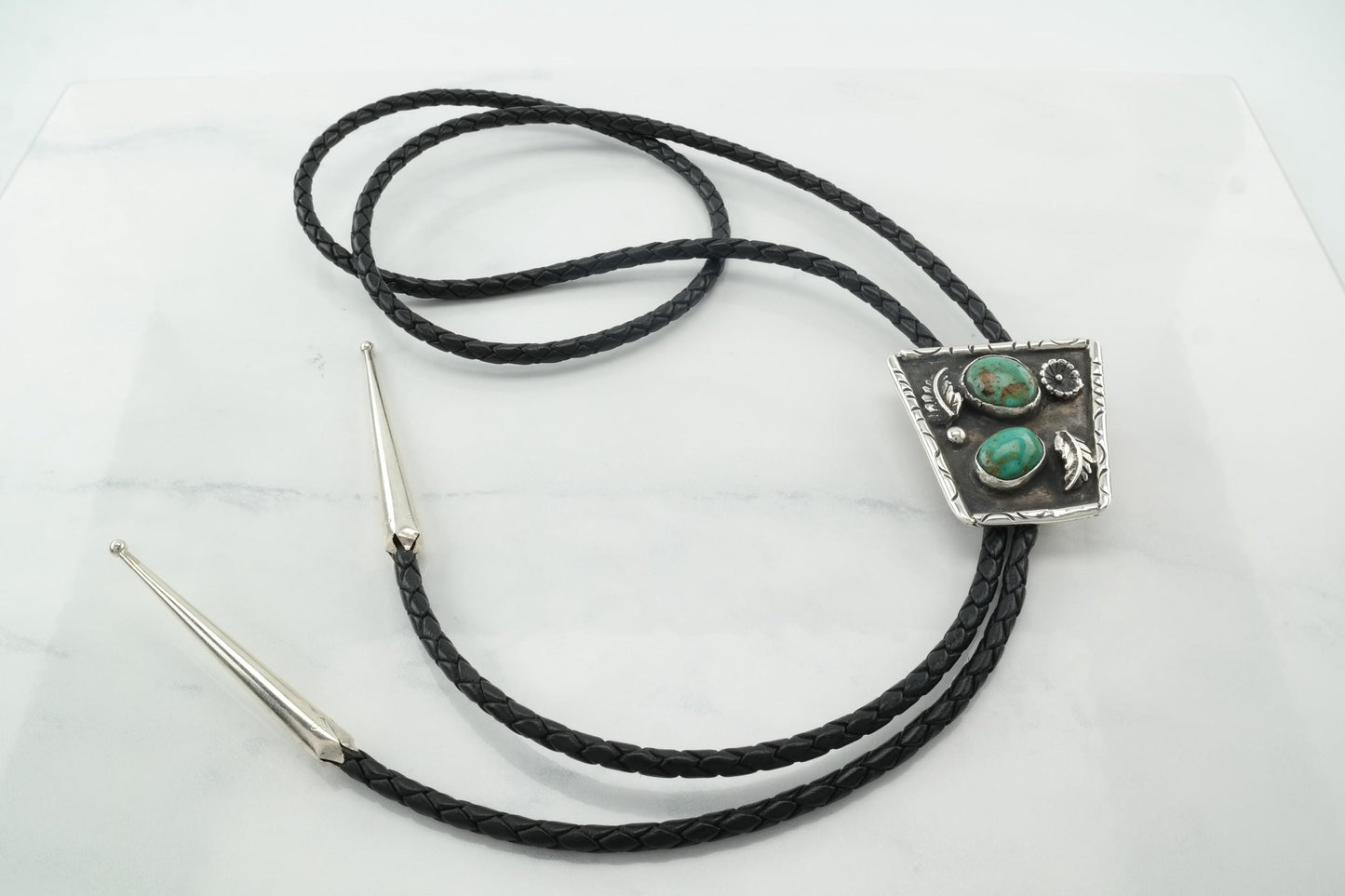 Green Turquoise Two Stone Bolo Tie Necklace Southwest Sterling Silver Vintage