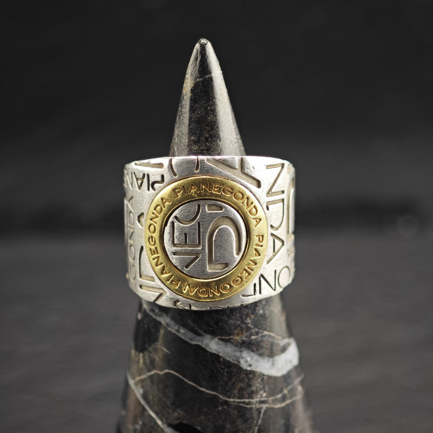 Pianegonda Gold Accent Stamped Design Sterling Silver Ring Sz 6 1/2 R6641