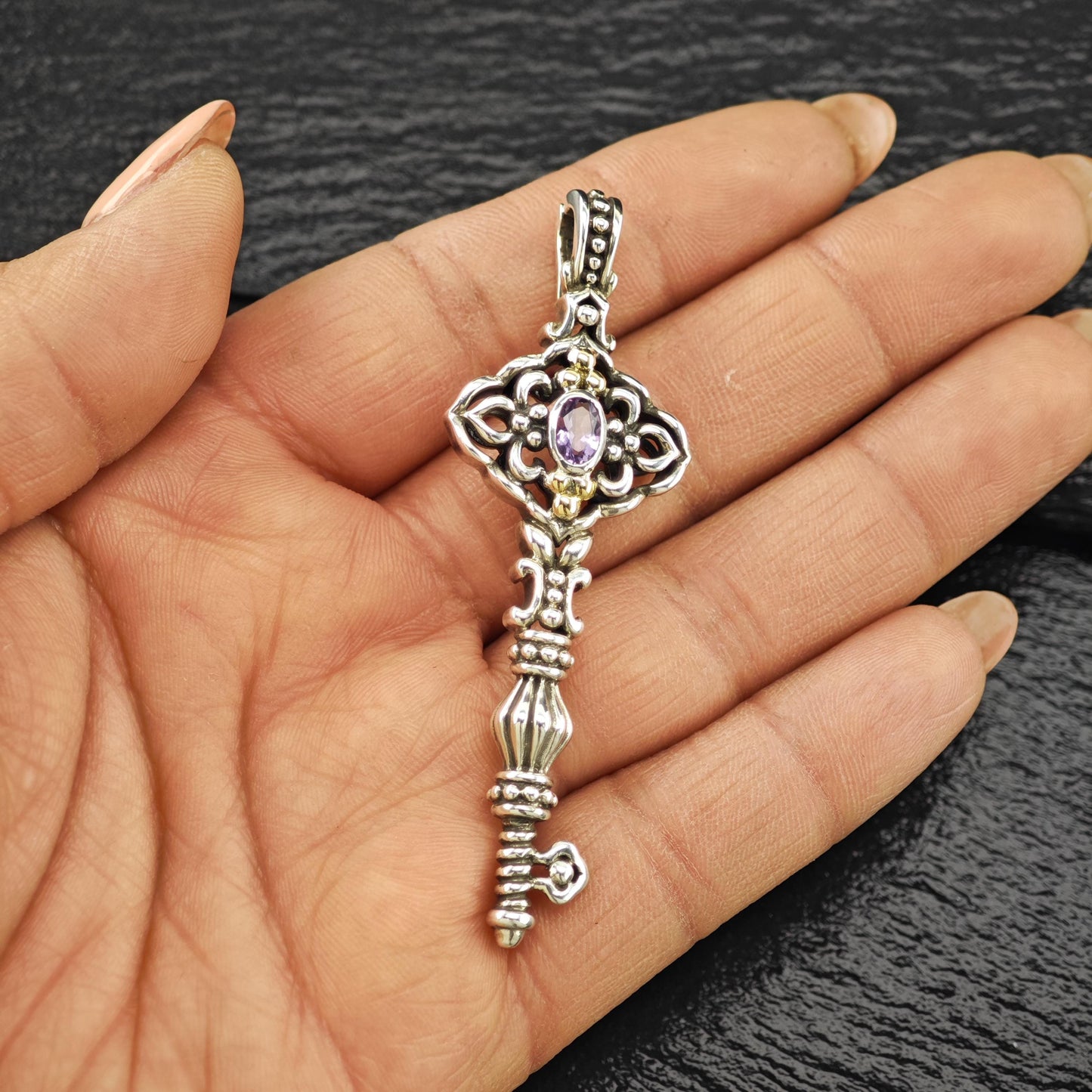 18K Gold Accent Amethyst Key Pendant Samuel Benham Sterling Silver