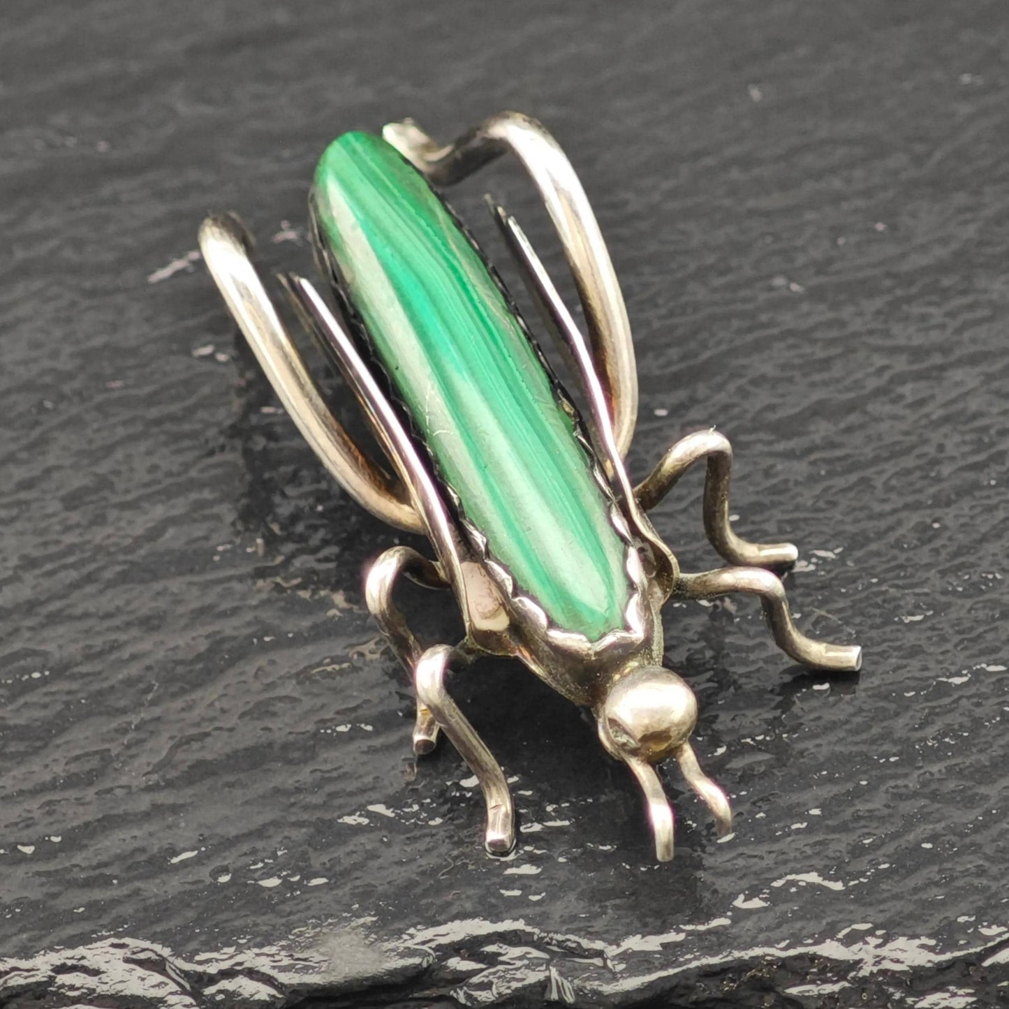 Native American Sterling Silver Brooch Grasshopper Green Malachite