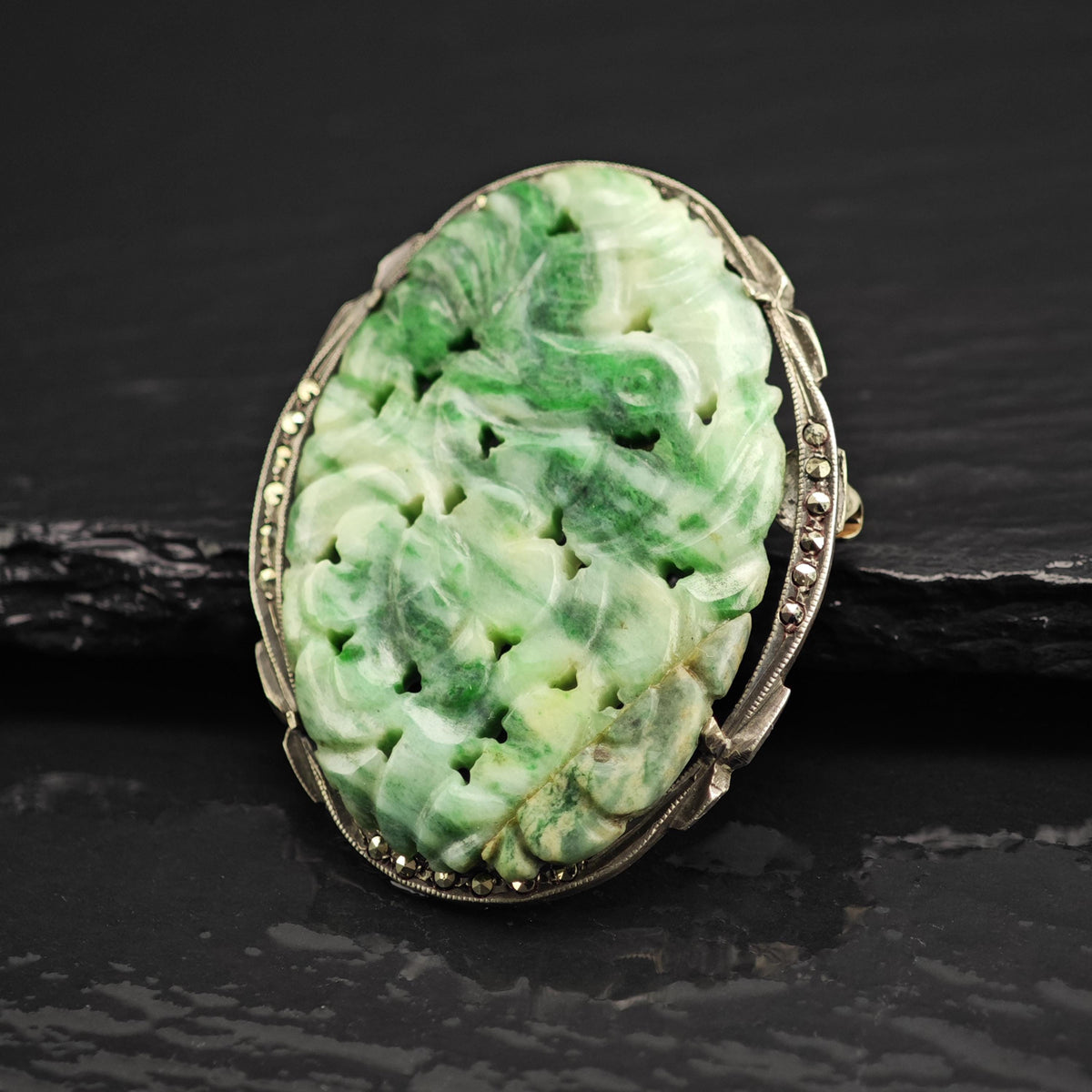Art Deco Carved Jade Brooch Pendant 800 Silver B2245