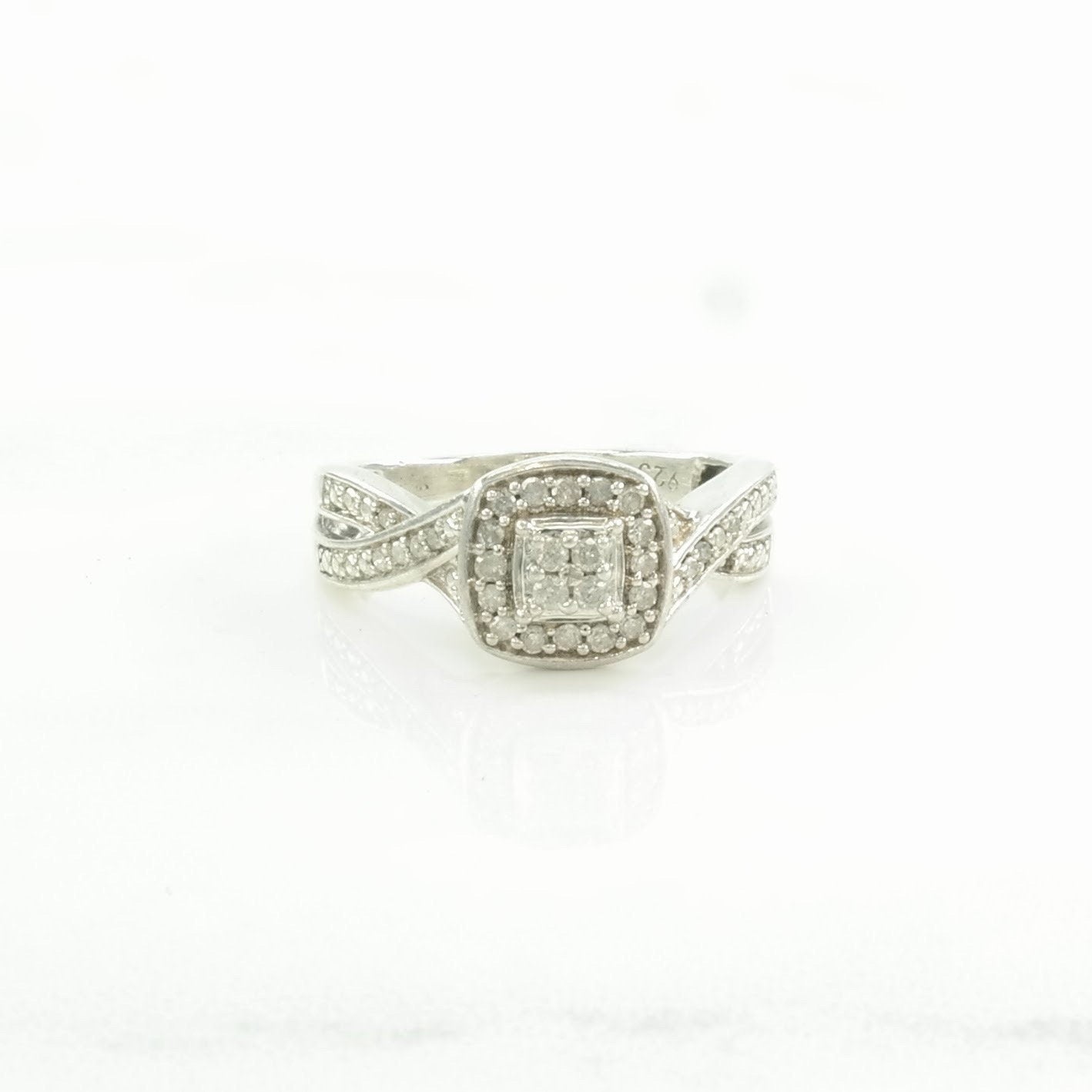 Sterling Silver Ring Diamond Square, Halo Size 5