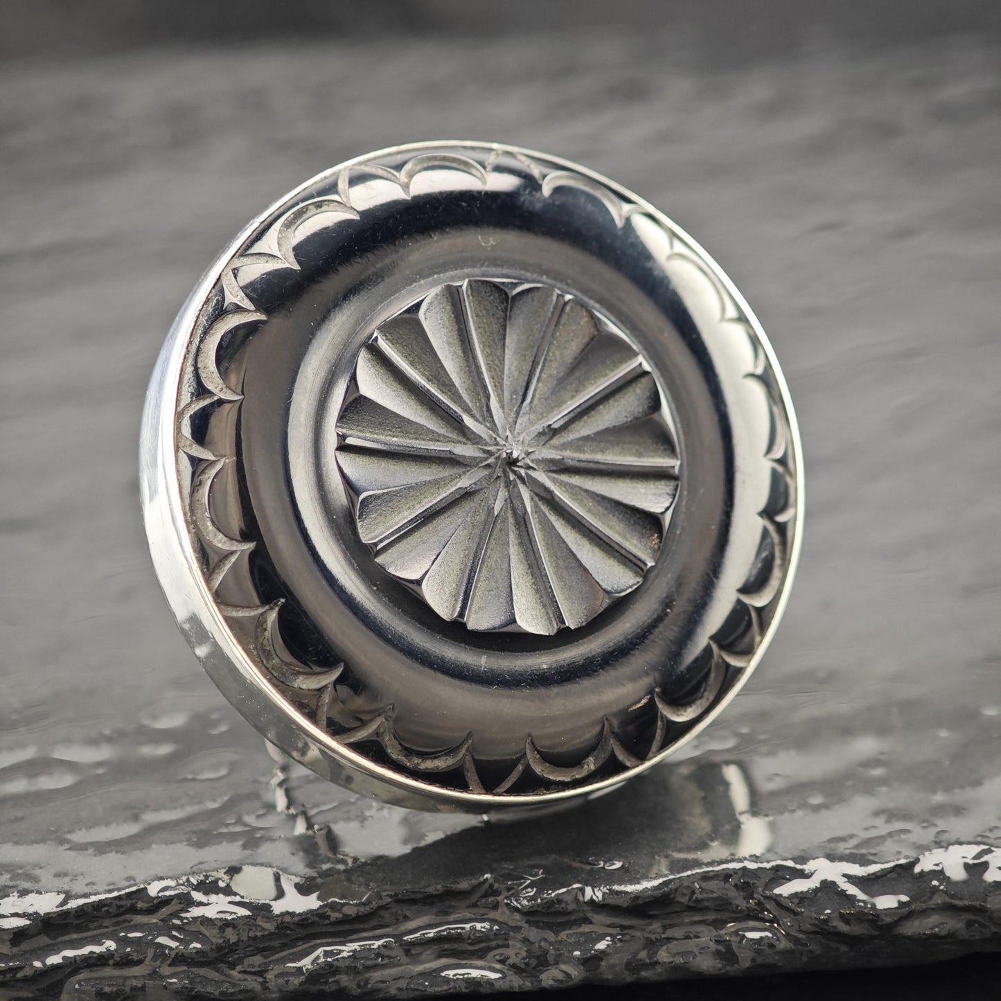 Large Carved Black Gemstone Ring Sterling Silver Size 9