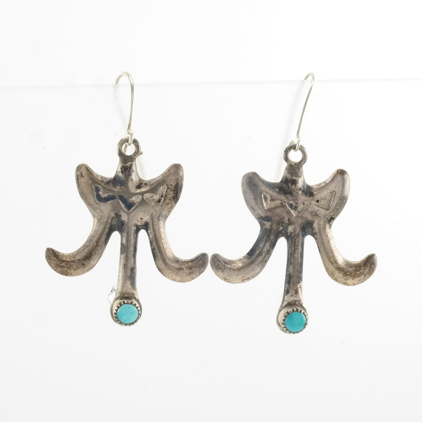 Native American Sterling Silver Turquoise Stamped, Sandcast, Earrings Fish Hook, Dangle