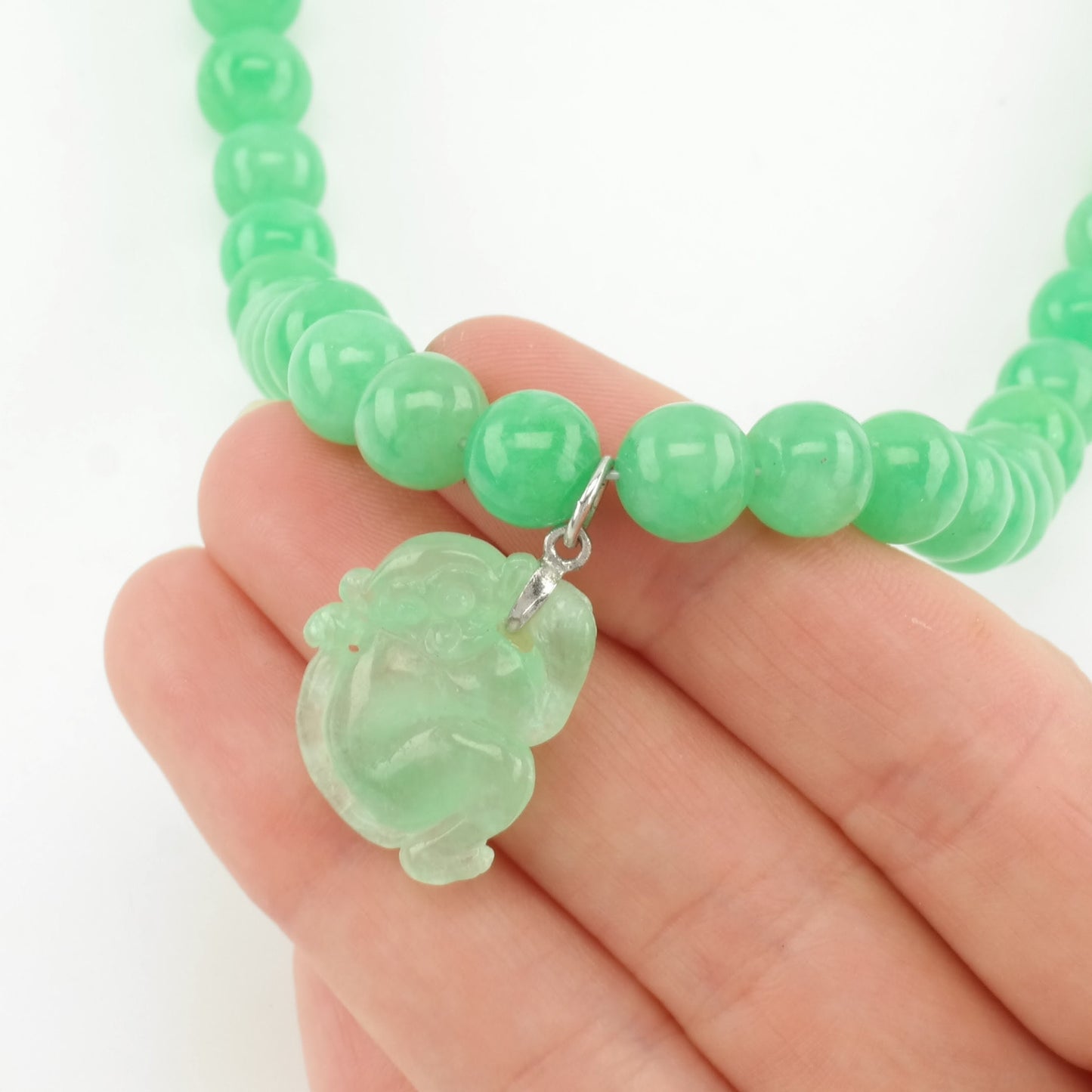 Vintage Sterling Silver & Green Jade Bead Necklace with Carved Jade Monkey Pendant