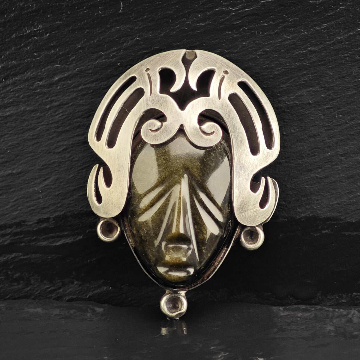 Carved Obsidian Face Sterling Silver Brooch/Pendant P3127
