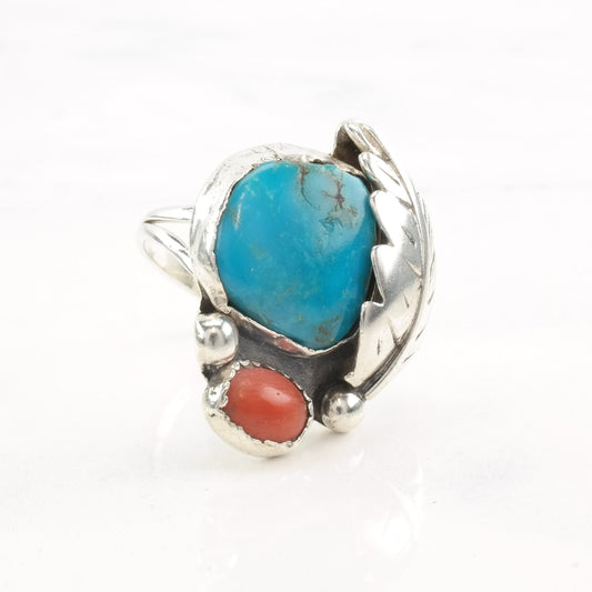 Native American Silver Ring Turquoise Coral Leaf Size 8