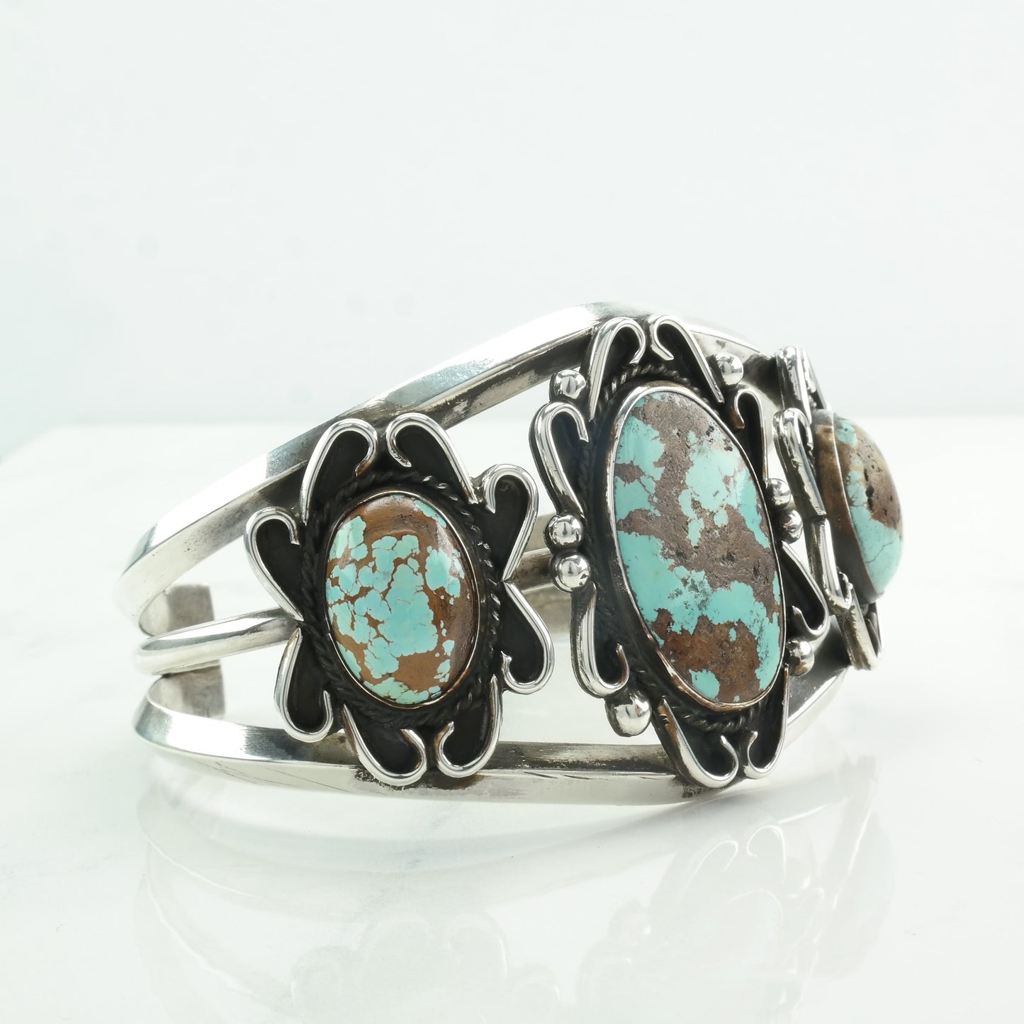 Number Eight Turquoise Native American Sterling Silver Cuff Bracelet Three Stone