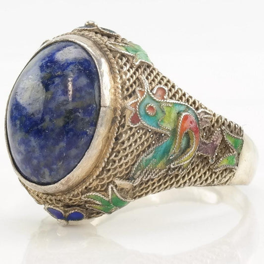 Antique Chinese Ring Lapis Lazuli Enamel, Chicken, Filigree Sterling Silver Size 9 - 9 1/2