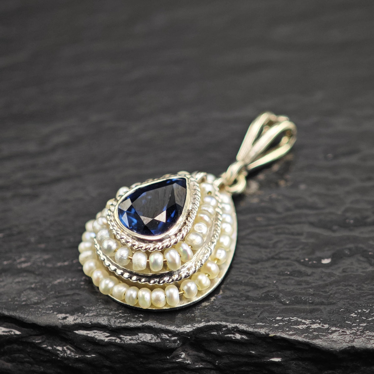 Victorian Natural Sapphire Seed Pearl, 14K White Gold Pendant P3107