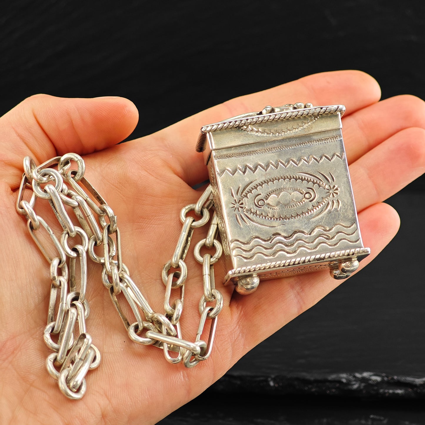 Ben Begay Trinket Box, Stamped Sterling Silver, Feather Necklace N1630
