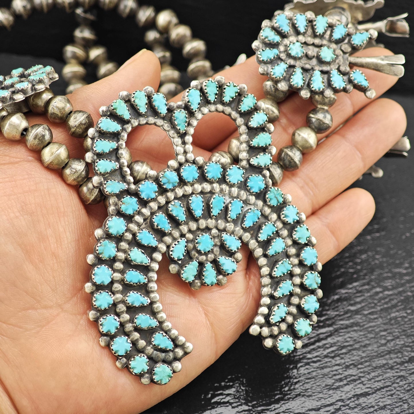 Zuni Carved Turquoise Cluster Squash Blossom Necklace Sterling Silver 30 1/2" N2668