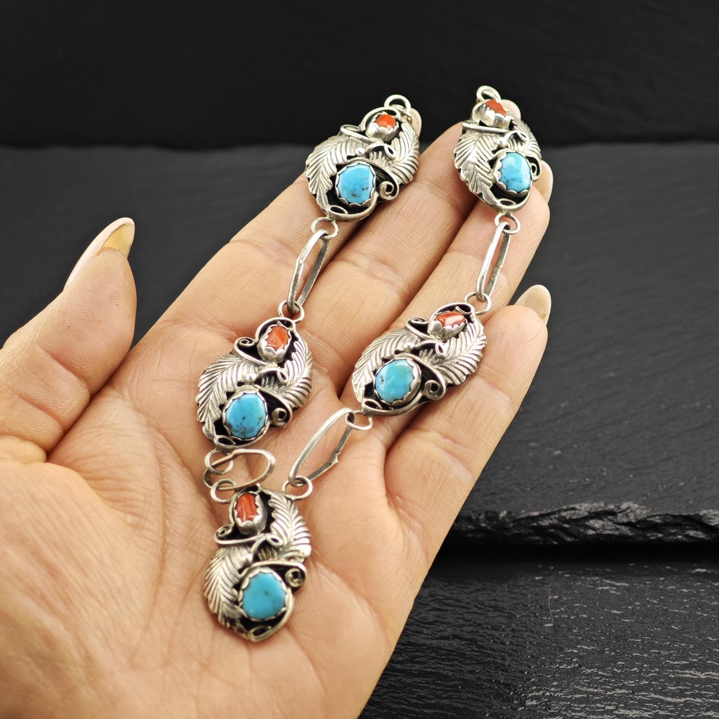 Native Sterling Silver Blue, Red Turquoise, Coral Floral, Shadowbox Necklace N2593