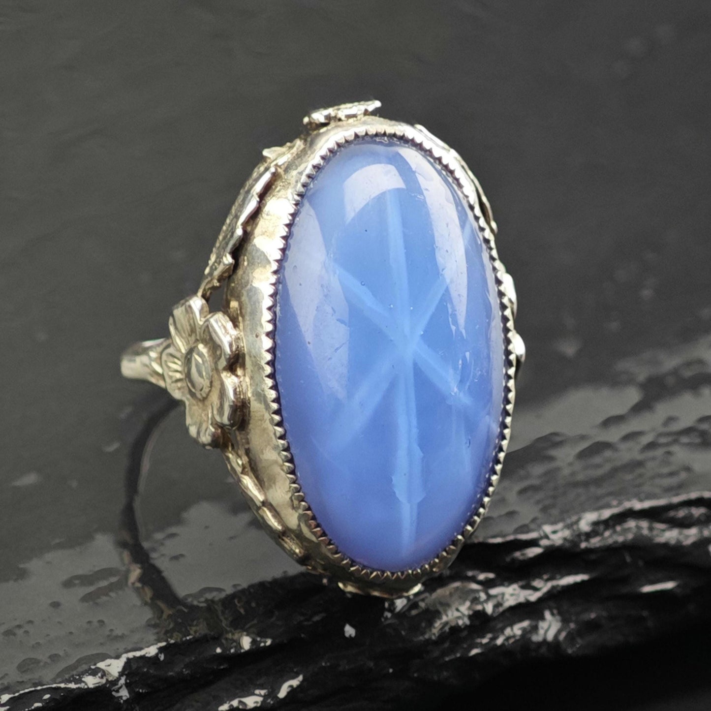 Art Nouveau Blue Stone Sterling Silver Ring Sz 5 1/2 R6738
