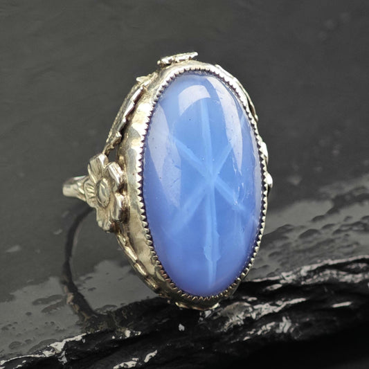 Art Nouveau Blue Stone Sterling Silver Ring Sz 5 1/2 R6738