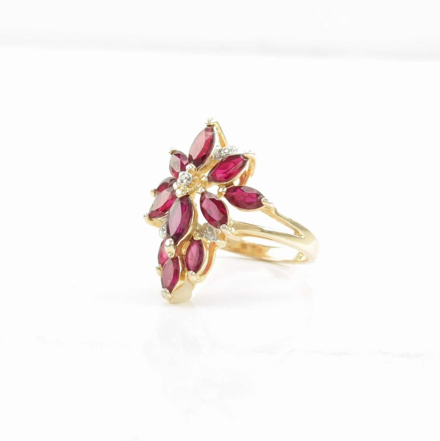 Sterling Silver Ring Lab Ruby, Diamond Chip Cluster Pink Size 6 3/4