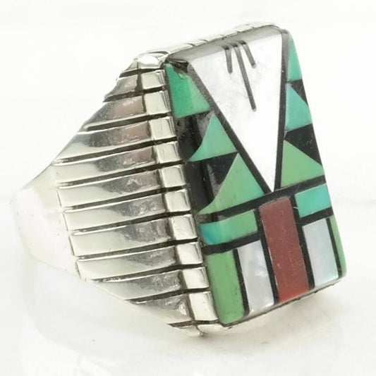 Vintage Native American Silver Ring Turquoise, Coral, MOP, Onyx Inlay Sterling Size 11 3/4