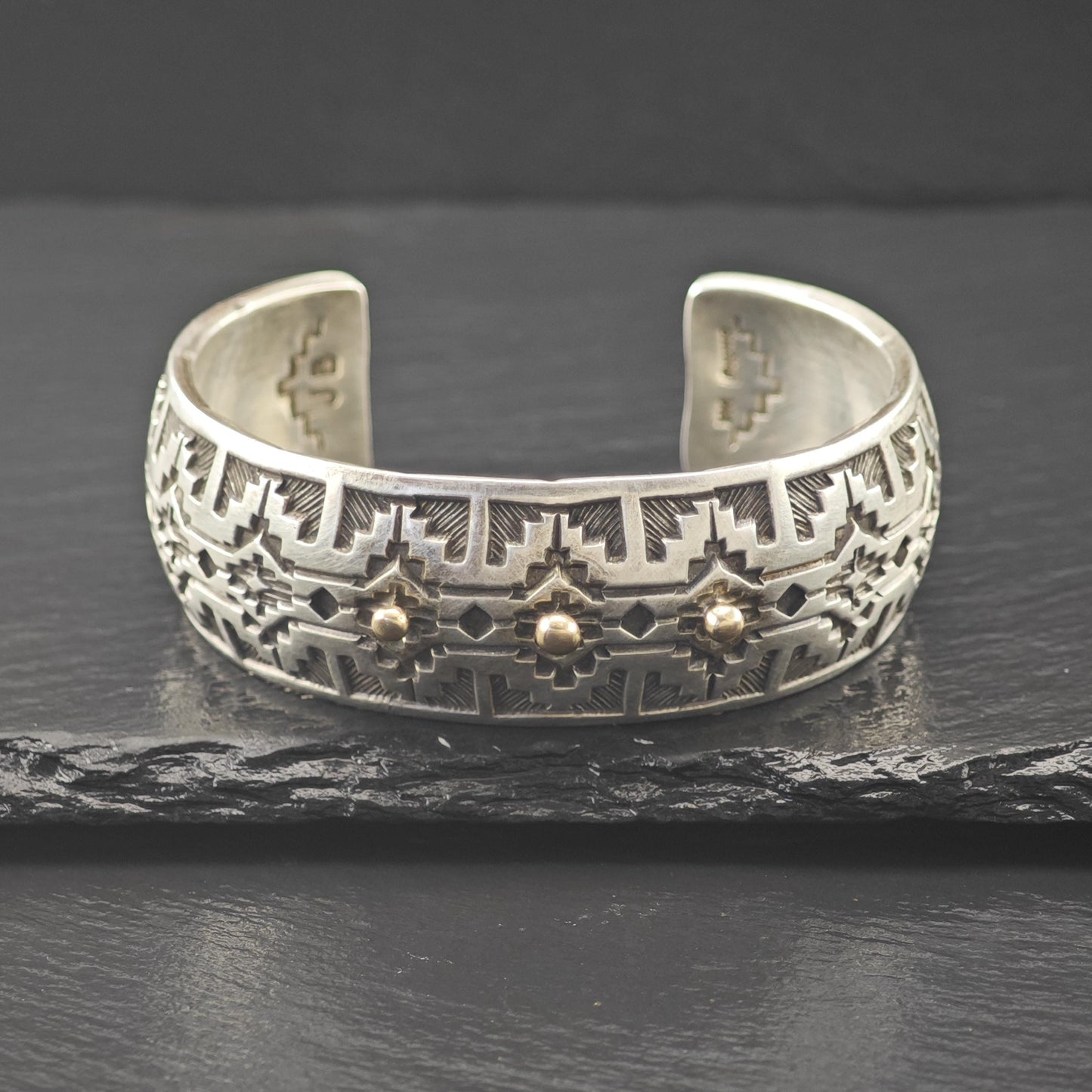 Silver Cuff Bracelet with 14k Gold Accents by Navajo, Native American Silversmith Sterling