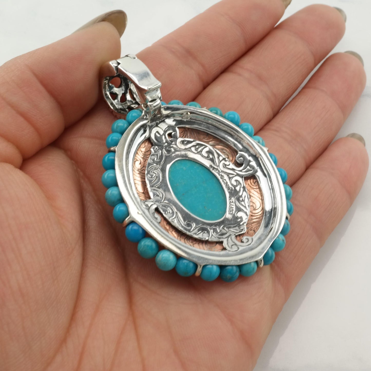 Small Dent Vintage Carolyn Pollack Turquoise Pendant Copper Filigree Sterling Silver