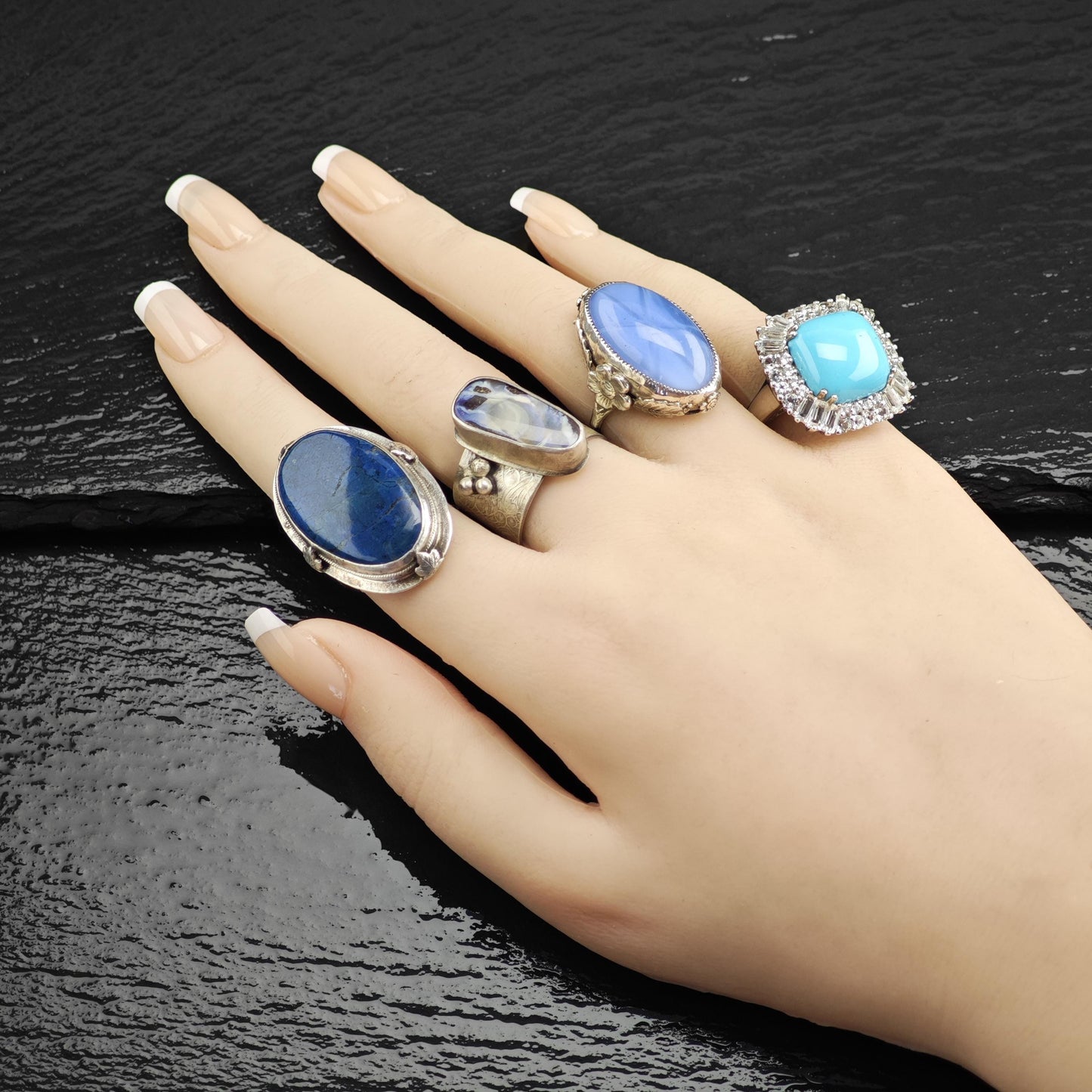 Art Deco Large Blue Gemstone Sterling Silver Ring Sz 7 R6729