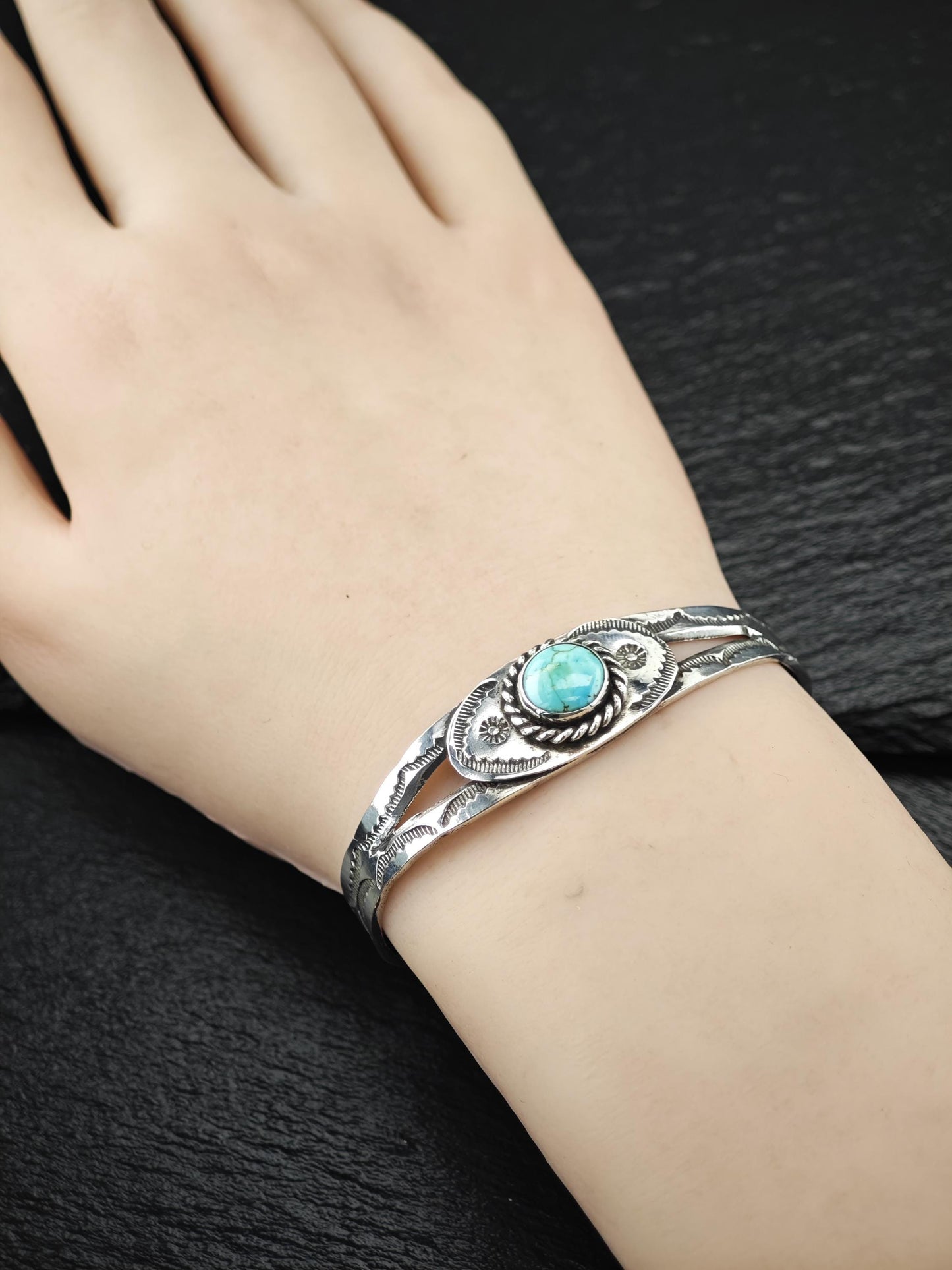Native American Turquoise, Stamped Cuff Bracelet Sterling Silver