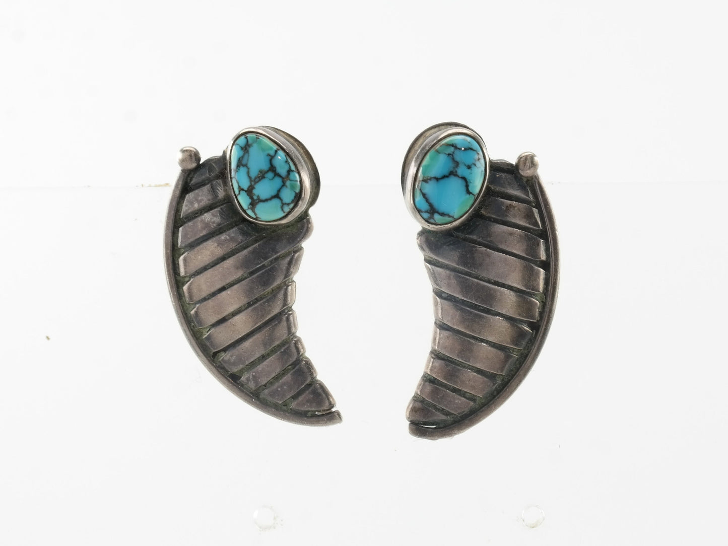 Native American Spiderweb Turquoise Claw Design Sterling Silver Earrings Screwback