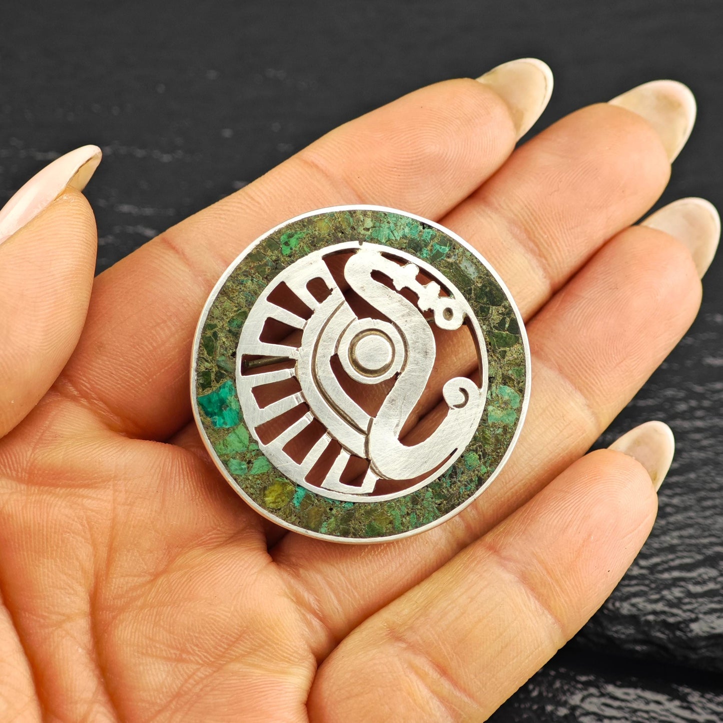 Vintage Taxco Green Chrysocolla Inlay Sterling Silver Brooch