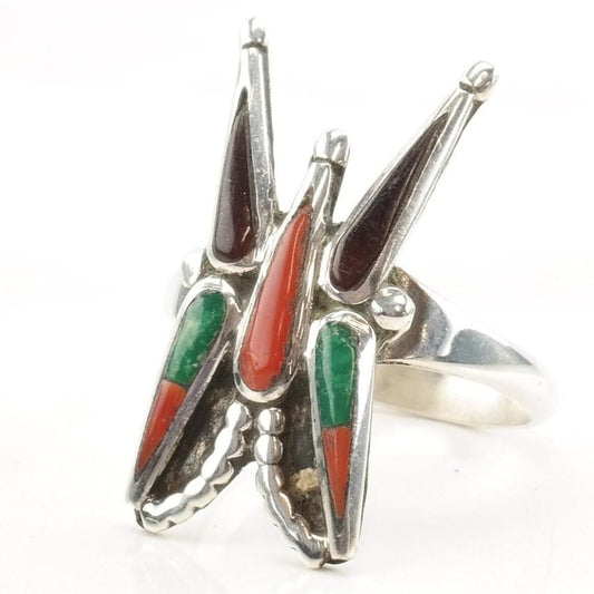 Vintage Native American Silver Ring Turquoise Coral Spiny Oyster Butterfly Inlay Sterling Size 7 1/4