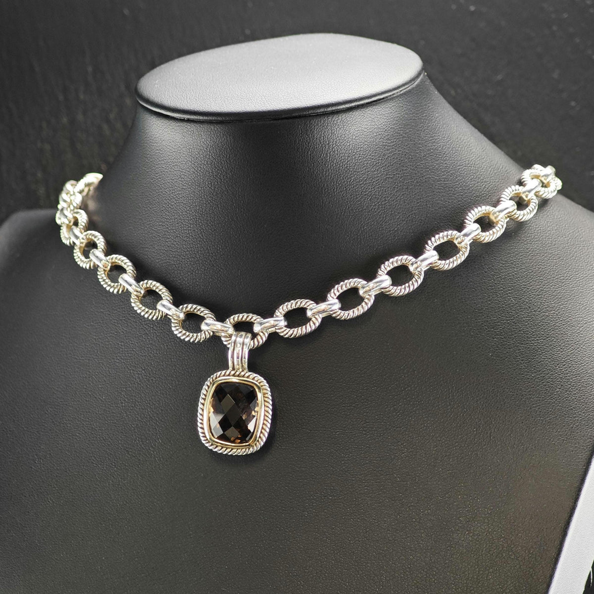 Vintage Michelle Albala Smoky Quartz Gold Bezel Sterling Silver Necklace N2783