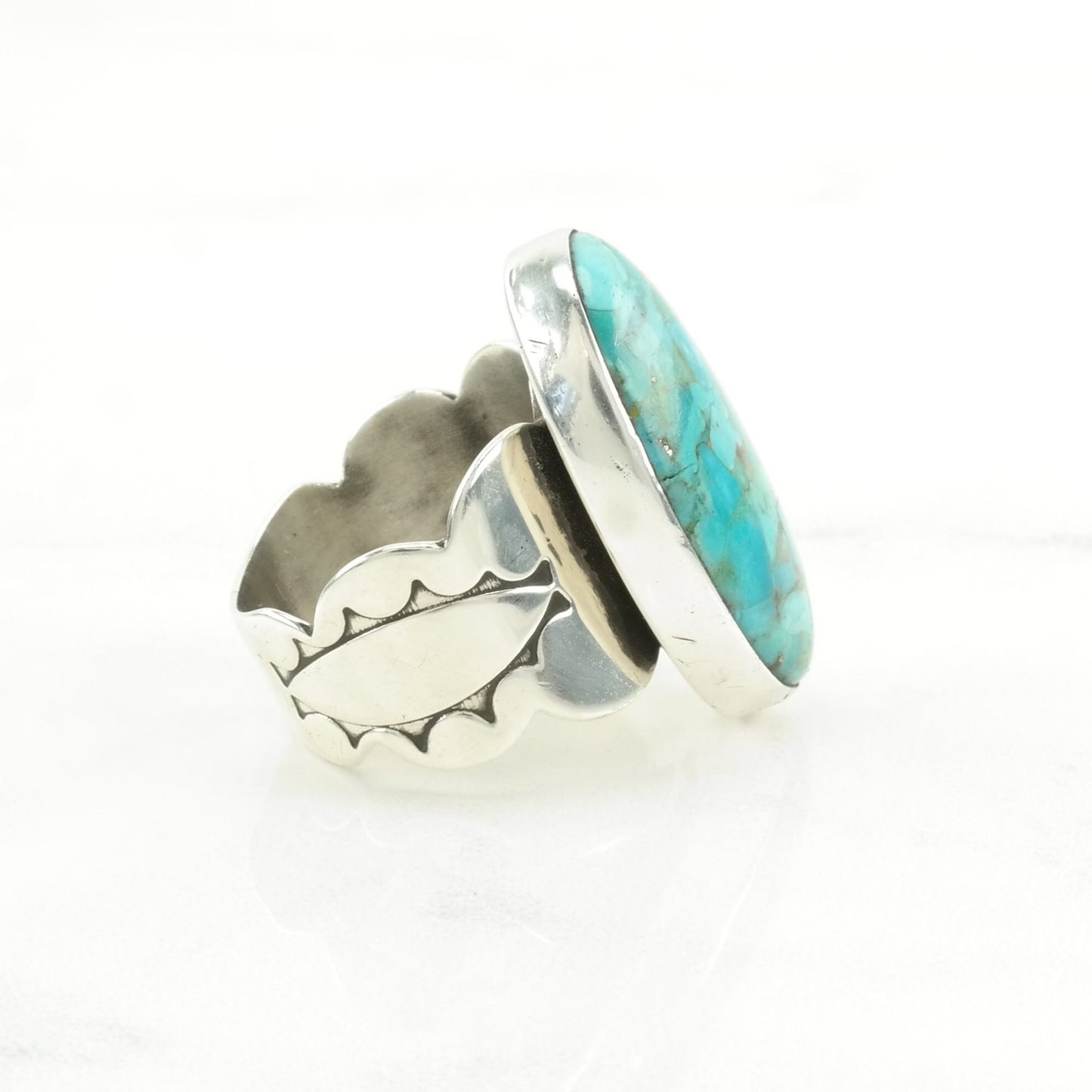 DTR Silver Ring Reconstituted Turquoise, Stamped Band Sterling Blue Size 7 1/4